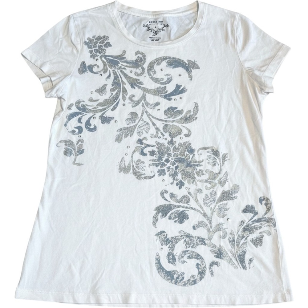 Sonoma Womens White Beaded Floral Butterfly Graphic Tee Size M Etherial Fairy